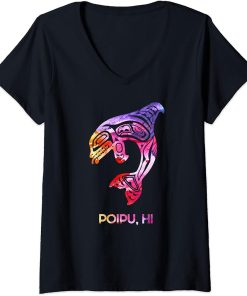 Womens Tribal Poipu Orca Killer Whale Indigenous Native V-Neck T-Shirt