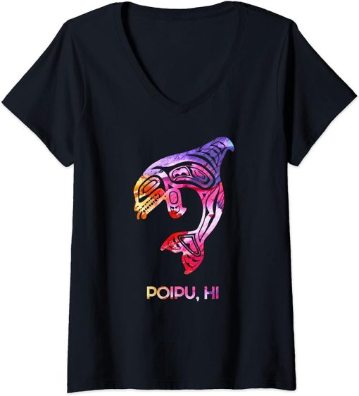 Womens Tribal Poipu Orca Killer Whale Indigenous Native V-Neck T-Shirt