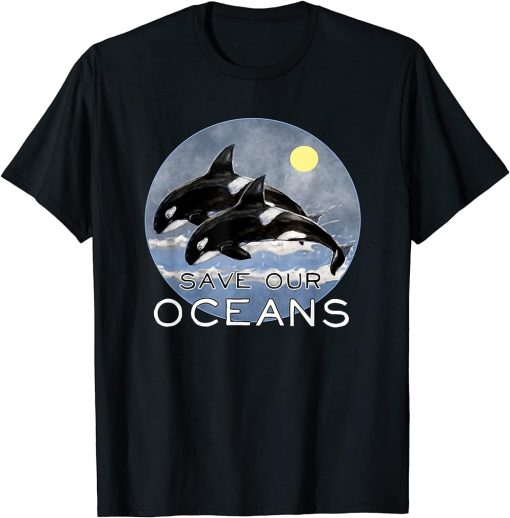 Save Our Oceans Orca Killer Whale Art Retro Style Climate T-Shirt