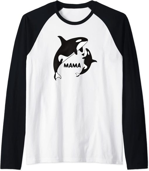 Orca Mama with Cub, Ocean Animal, Whale Raglan Baseball Tee