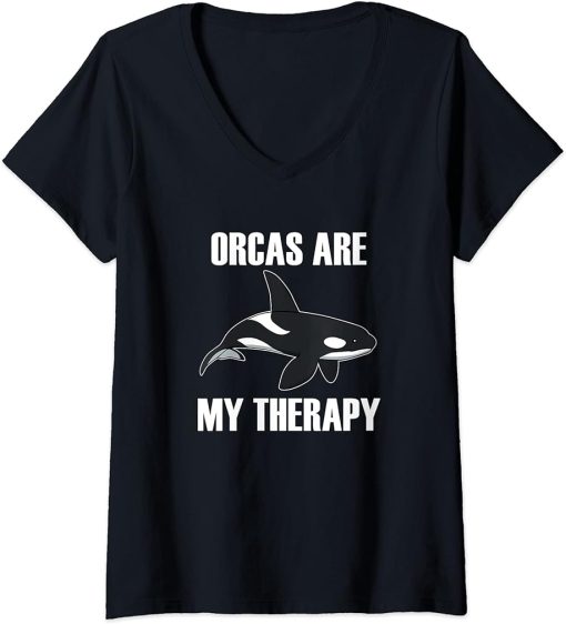 Womens Orcas as Therapy Funny Saying Whale Ocean V-Neck T-Shirt