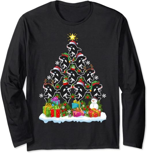 Orca Fish Xmas Tree Lighting Santa Orca Christmas Long Sleeve T-Shirt